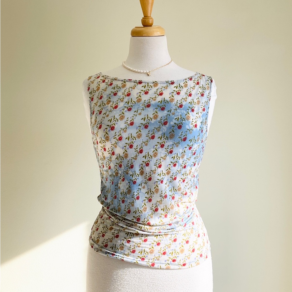 French Bazaar Mesh Floral Boatneck Tank with Red Rose Motif